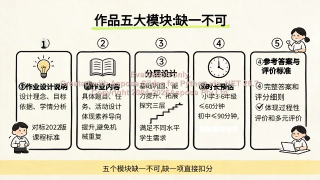 作品五大模块：说明、内容、分层、时长、答案与评价