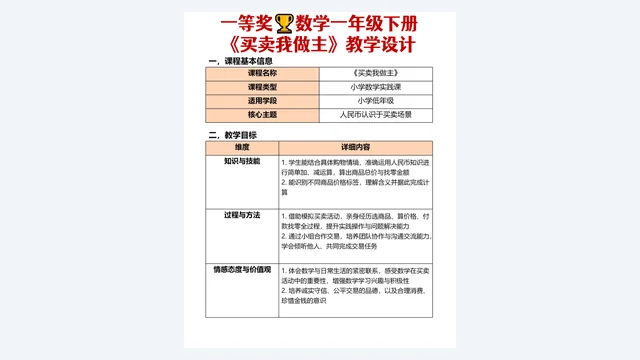 一等奖数学案例《买卖我做主》:课程信息与三维目标表格