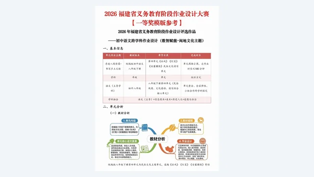 一等奖模板首页:初中语文跨学科作业设计的基本信息与单元分析